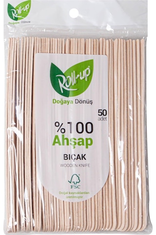 Roll-up Doğaya Dönüş Ekolojik Doğal Doğa Dostu %100 Ahşap Bıçak - 16 Cm. - 50'li 10 Paket Ahşap