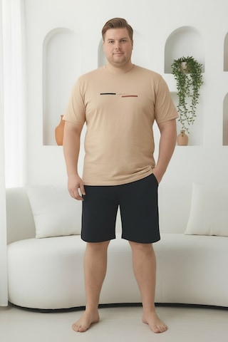 Seboteks %100 Pamuklu Kısa Kollu Cepli Büyük Beden Erkek Şortlu Pijama Takımı 2035 Bej