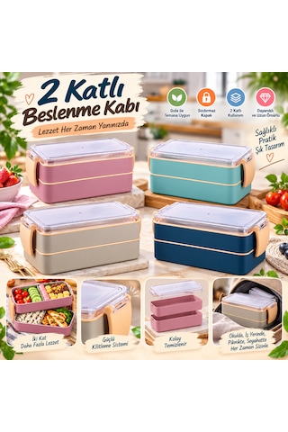 2 Katlı Bölmeli Sefer Tası / Beslenme Kabı 900ml - Kaşık Çatal Setli, Sızdırmaz Ve Bpa İçermez Lacivert