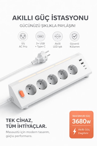 Akıllı Priz Termal Korumalı 5 Li Priz 3680w Led Işıklı Çoklu Çoklu Akım Prizi Usb Usb-c 0