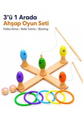 Ahşap Balık Tutma Oyunu 3 Ü 1 Arada Ahşap Oyun Seti Balık Tutma Halka Atma Bowling Eğitici Oyuncak