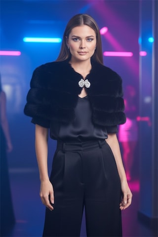 Veraura Lifestyle Siyah Kat Kat Broşlu Kürk Etol Bolero
