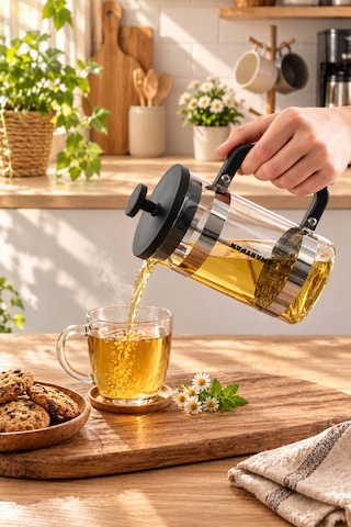 Porsima Smartpan Bv008 French Press Paslanmaz Çelik Süzgeçli Cam Bitki Çayı Demliği Kahve Presi - 600 Ml Siyah