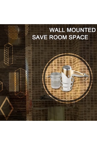 Vkemall Duvar Tipi Aluminyum Saç Kurutma Makinesi Tutucusu - Banyo Dolabı Saç Gereçleri Testere, Tarak Saklama Rafı Gümüş