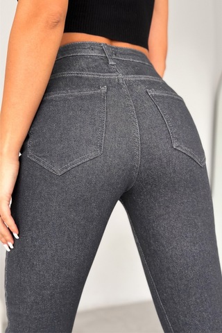 Femelle Gri Yüksek Bel Paçası Kesik İçi Şardonlu Slim Fit Mom Jean