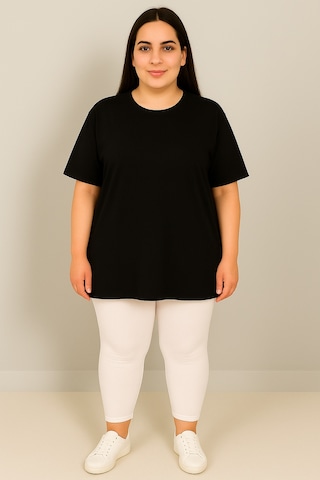 Kadın Büyük Beden Kısa Kollu Bisiklet Yaka Basic Oversize T-shirt 1977-25 Siyah