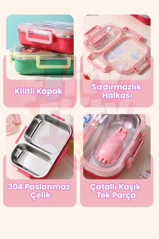 600 Ml Sızdırmaz İki Bölme Paslanmaz Çelik Lunch Box Yeni Nesil Sefer Tası Çatallı Kaşık Ff7163 Pembe