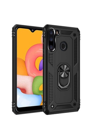 Smcase Samsung Galaxy Uyumlu A21 Kılıf Vega Yüzüklü Standlı Tank Kapak Siyah