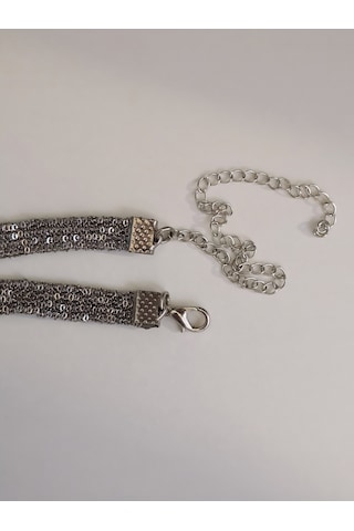 Kordon Zincir Örme Kristal Taşlı El Yapımı Choker Tasma Pembe Silver Renk Kolye