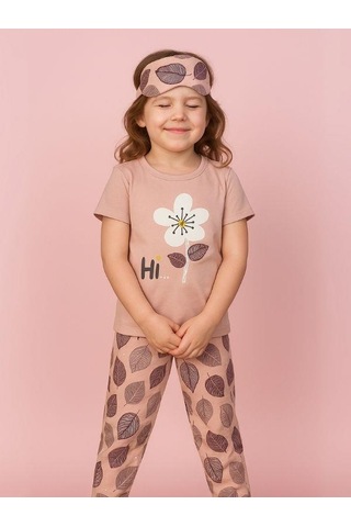 Kız Çocuk Pamuklu Kısa Kol Çiçek Desenli Pijama Takım Uyku Bandı Dahil -16034 Pembe