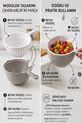 2 Parça Saplı Süzgeç Çok Amaçlı Hazneli Makarna Meyve Sebze Pirinç Yıkama Plastik Mutfak Süzgeci Çok renkli