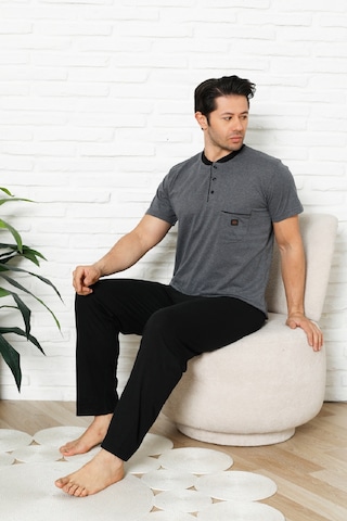 Enisena Erkek %100 Pamuklu Pijama Takımı-3 Düğmeli-yaka Cepli 12384 Füme