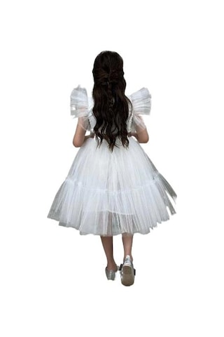 Ricctarz Kız Çocuk Gömlek Yaka Göğsü Ve Kolları Tül Detaylı Wednesday Beyaz Elbise Beyaz