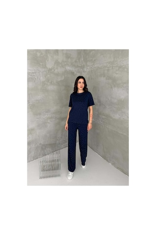Asur Boutique Asur Butik Kadın Taşlı Bisiklet Yaka Alt Üst Takım Pantolonlu Şık Günlük Kombin Lacivert