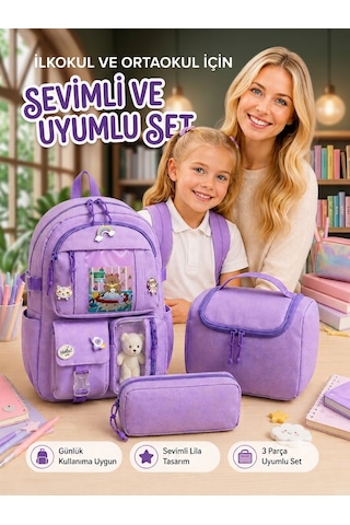 3'lü Kore Model Ortaokul Okul Çantası Kız Çocuk, Kız Çocuk Okul Çantası Beslenme Çantası Kalemlik Mor