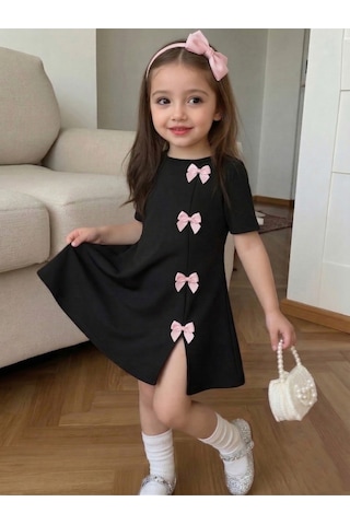 Uyguntarz Kız Çocuk Siyah Mini Elbise Pembe Fiyonk Detaylı Modern Tasarım Siyah - Pembe