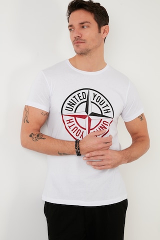 Buratti Baskılı Bisiklet Yaka Pamuklu Slim Fit Erkek T Shirt 541Pusula Beyaz