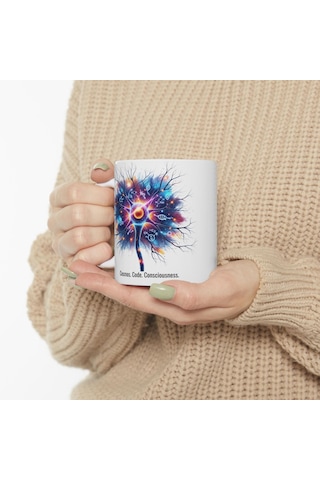 Beyaz Bilim Kupa Bardak - Sinir Hücresi, Dna Ve Kozmos Tasarımlı, Bilim Sever Hediyesi Beyaz