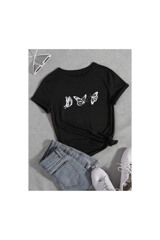 Uçuşan Kelebekler Temalı Premium Baskılı Kadın T-shirt Siyah