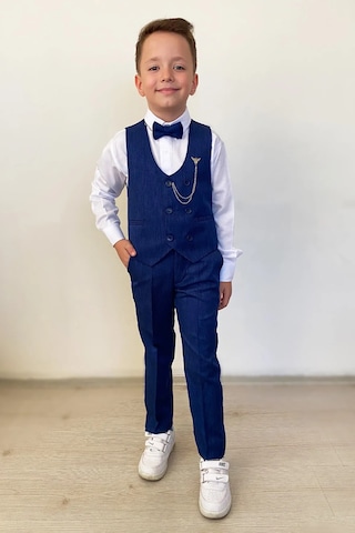 Erkek Çocuk Takım Elbise Papyonlu Yelekli Takım Elbise Saks Mavi
