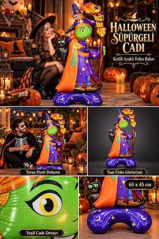 Halloween Cadılar Bayramı Ayaklı Süpürgeli Kedili Cadı Folyo Balon 65x45 Cm Mor Turuncu Oda Süsü Çok Renkli