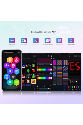 Akıllı Led Perde Işığı Led Animasyonlu Renkli Yazı Led Mobil Kontrol Rgb Perde Led Dekoratif Işık Çok Renkli