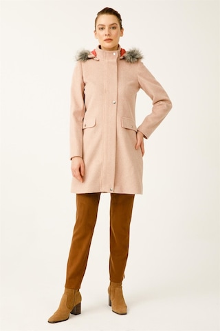 Yün Kumaş Fermuar Kapamalı Kapişonlu Kaban Pudra-pudra Pudra