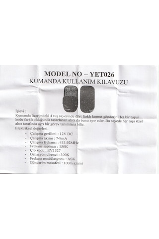 Kepenk-Garaj Açıcı Kumandası 433 Mhz