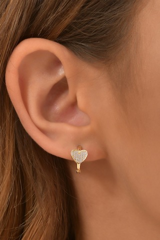 Moom Mücevherat Kadın 14 Ayar Altın Küpe Minimalist Zirkon Taşlı Kalp Temalı Halka Altın Küpe 12 Mm