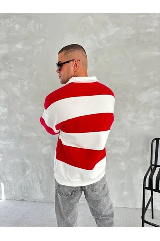 Luz&pos Erkek Üç İplik Parçalı Yakalı Sweatshirt - Kırmızı Kırmızı