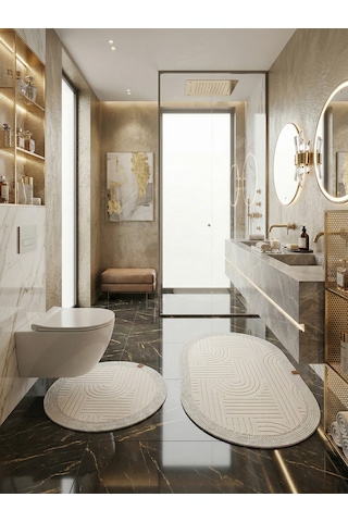 Melena Carpet Premium Kaymaz Taban Banyo Paspası Jüt Kenar Detaylı Oval Yuvarlak Set 100x60-60x60 Krem