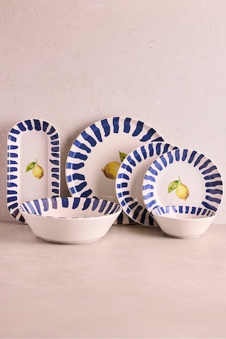 Limone Blu 27 Parça 6 Kişilik Seramik Yemek Takımı Limon Desenli Mavi Çizgili Sunum Seti Cokrenklı Çok Renkli
