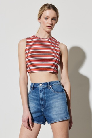 Regular Fit Normal Kesim Bisiklet Yaka Kolsuz Çizgili Crop Bluz Renkli