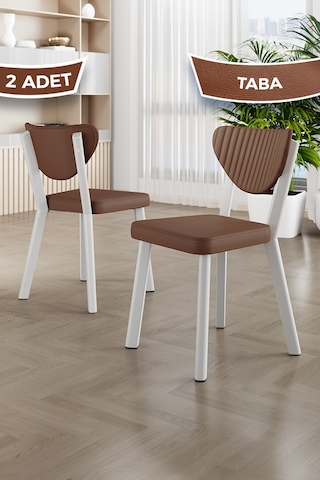 Fubi Serisi 2 Adet Deri Mutfak,cafe, Restaurant Sandalyesi Beyaz Metal İskeletli Taba Sandalye Beyaz İskelet