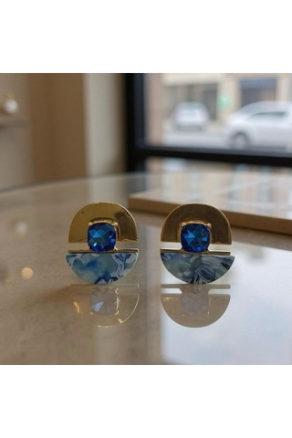 Mavi Taş Detaylı Geometrik Tasarım Küpe Çok Renkli