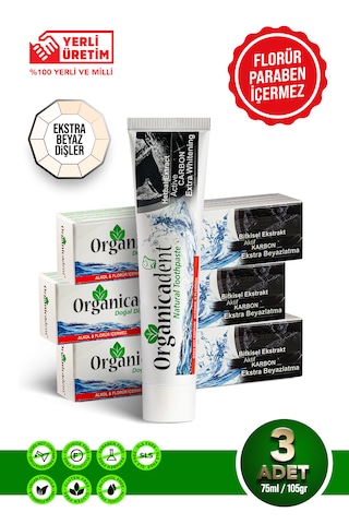 Organicadent Aktif Karbonlu Doğal Diş Macunu 105gr 75ml 3 Adet Beyazlatma