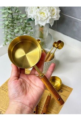 4 Lü Ahşap Saplı Ölçü Kaşığı Seti 250/125/80/60 Ml Paslanmaz Metal Sarı