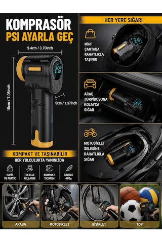 3600mah 150psı Lcd Ekranlı Kompresörlü Araç, Motosiklet, Scooter,
