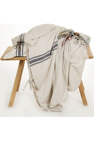 Ecocotton Charla Battal Boy Nevresim Takımı %100 Organik Pamuk Kenevir Karışımlı Ekru-lacivert 240x220 Cm-1207 Ekru