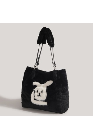 Charhp&kejnt Sonbahar Ve Kış Peluş Çanta Tasarımı Elde Taşınabilen Tüylü Tavşan Tote Çanta Siyah