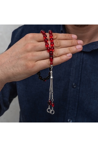 Premium Parlak Ve Şık Metal Püsküllü Kırmızı Siyah Sıkma Kehribar Tesbih Kırmızı - Siyah