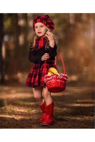 Quzucuk Kids Kız Çocuk Kırmızı Ekoseli Şapkalı Takım Çok Renkli