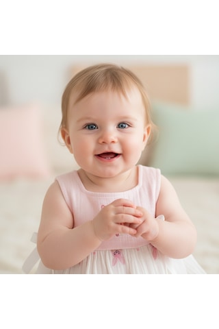 Ürünya Kız Bebek Çocuk Sıfır Kollu Askılı Nakışlı Elbise Pembe
