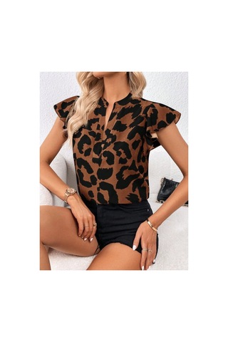 Butik İstanbul Kadın Kısa Fırfır Kollu V Yakalı Leopar Desenli Süprem Bluz Kahve