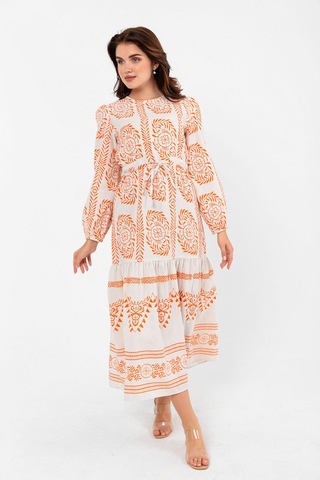 İnce Yaprak Dalı Desenli Yazlık Baharlık Keten Elbise 2102 Turuncu
