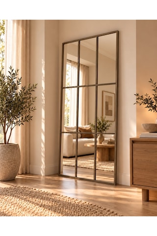 Mirroir Eskitme Metal Çerçeveli Dekoratif Pencere Model Duvar Aynası 80x180
