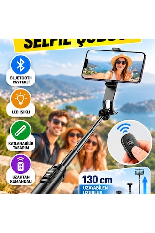 130 Cm Bluetooth Selfie Çubuğu Led Işıklı, Katlanabilir Ve Uzaktan Kumandalı