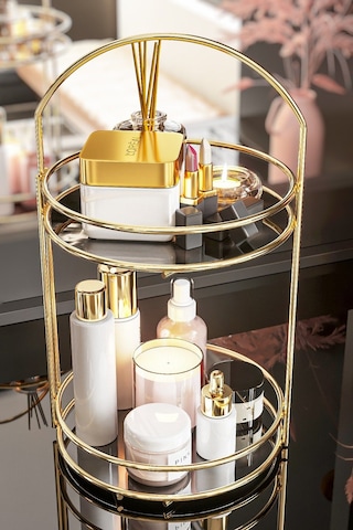 Banyo Düzenleyici 2 Katlı 40 Cm Gold Lüks Düzenleyici Organizer Banyo Rafı Şampuanlık Dekoratif Gold