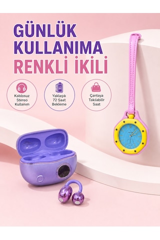 Şarj Kutulu Kablosuz Kulaklık Ve Pembe Çanta Charm Analog Saat Seti Müzik Ve Aksesuar Bir Arada Altın