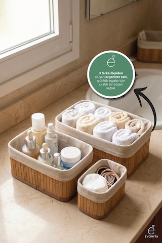 Bambu Organizer Seti 3 Parça Çok Amaçlı Banyo Mutfak Dolap İçi Düzenleyici Sepet Seti Şık Dayanıklı Renkli
